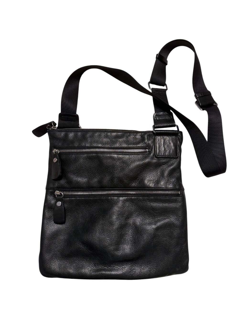 Margot Mew York Triple Zipper Black Genuine Pebbled Leather Crossbody Bag Purse